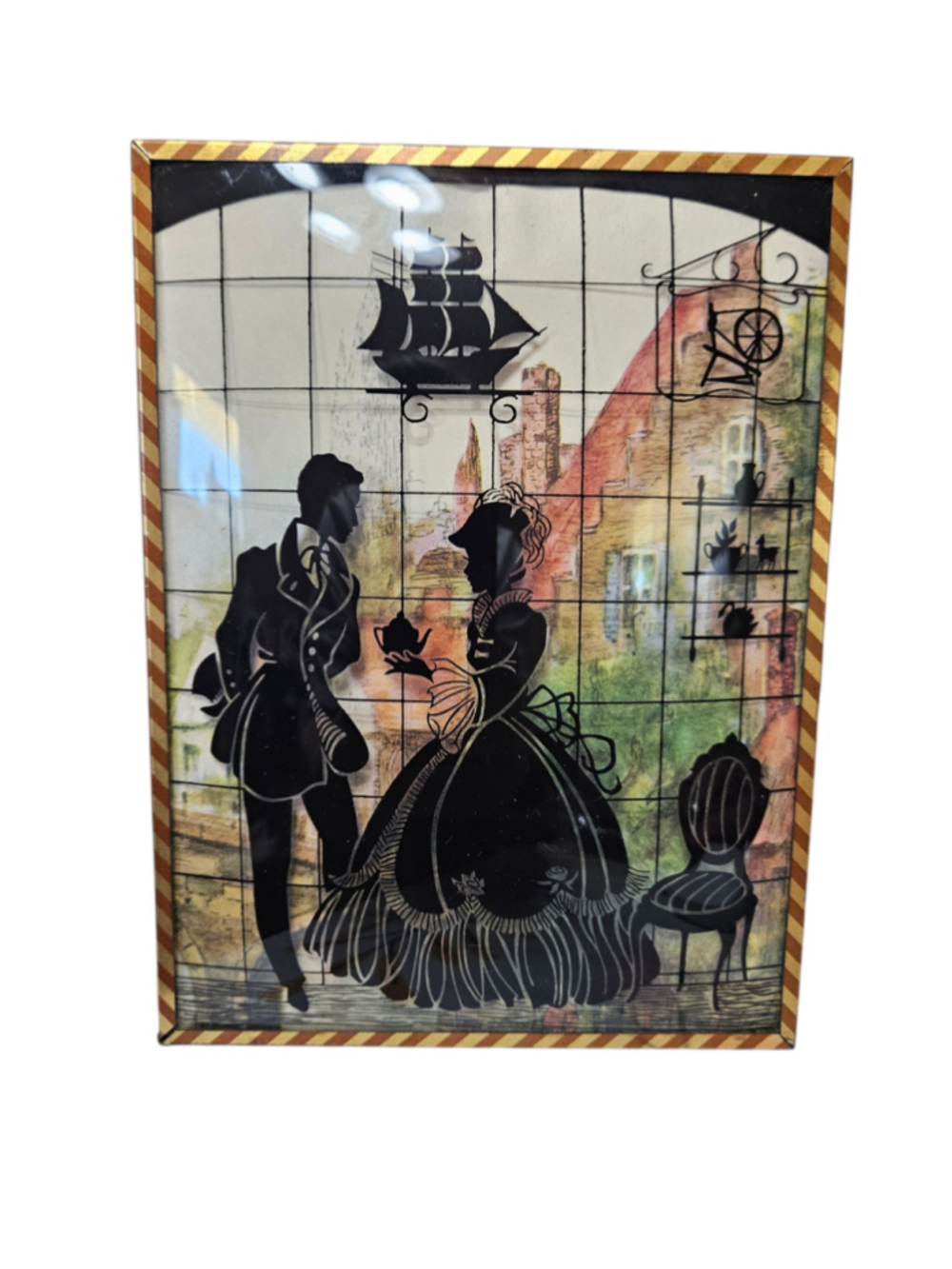 Mid Century Reverse Painted Glass Silhouette Plaque Victorian Couple Wall Art